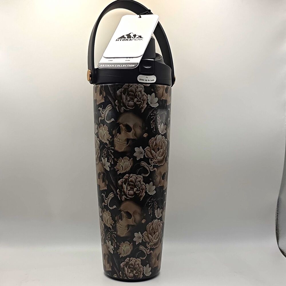 Hydrapeak Artisan Collection 32oz Flip Top Water Bottle w/ Straw Skulls,Blck Gry